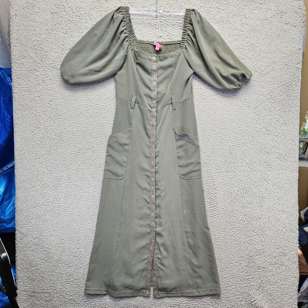 Betsey Johnson Dress Women Size Small Green Puff Sleeve Square Neck Button Front